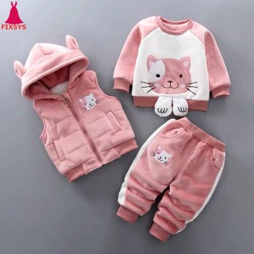 New 2020 Baby Boys Girls Warm Set Winter Cartoon Cat Kids Thickening Hooded Vest+Sweater+Pant 3Pcs Sport Suits Children Clothing
