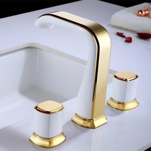 Tuqiu Copper Bathroom Basin Faucets Brass Widespread Sink Mixer Tap Hot & Cold Lavatory Crane 3 Hole White Gold/Black/Chrome