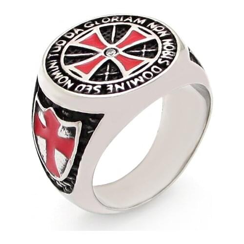Unique 316L Stainless Steel Knights Templar Ring Custom Design Wholesale Price Shield Black Epoxy Clean Zircon Red Cross Rings