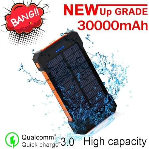 30000mAh Solar Power Bank Portable Charger LED Light 2USB Interface Waterproof Outdoor Emergency Powerbank for Xiaomi Samsung