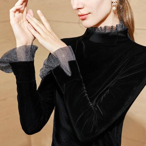 Turtleneck Velvet Tops Women Flared Sleeve T Shirts Solid Color 2021 Spring Autumn Velour T-Shirts Women Basic Shirt X496