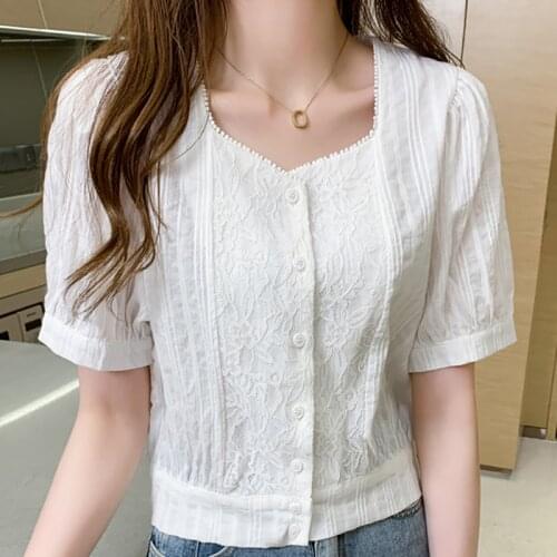 Summer Blusas Casual Puff Sleeve Cardigan Shirts Women Office Ladies Tops Square Collar Lace Short Female Blouse Chemise Femme
