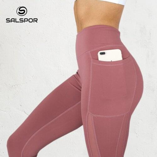SALSPOR Women Mesh Pocket Fitness Leggings High Waist Gym Pants Femme Mesh Patchwork Workout Leggings Feminina Jeggings