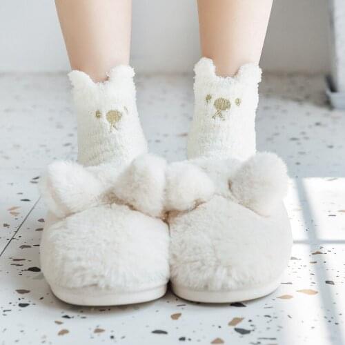 Socks Women Girls Cute 3D Eared Embroidered Cat With Claw Heart Warm Winter Soft Coral Fleece Floor Home Bed Christmas Gift Sock