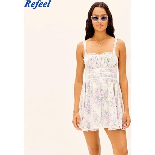 Elegant floral print spaghetti strap short dress Summer holiday style high waist dress lace ruffled women mini dress Vestidos