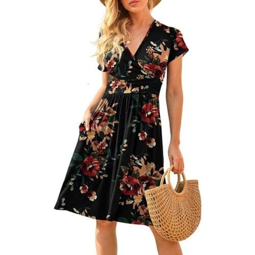 Summer Floral Print Sexy V-neck Short-sleeved Women Dress Solid Color Casual Loose Beach Party Dress Commute Lager Size -40