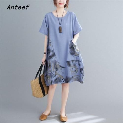 Short sleeve cotton vintage floral dresses for women casual loose midi woman summer dress elegant clothes 2021