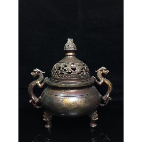 11"Tibet Buddhism Temple Old Bronze Cinnabars Chinese dragon statue incense burner Tripod Dragon Incense Chilong furnace Enshrin