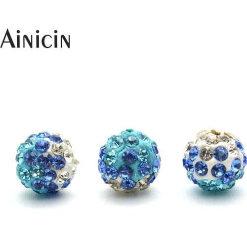 20pcs 10mm Cheap Beads Blue White Rhinestone Crystal Paved Clay Round Beads DIY Jewelry Making