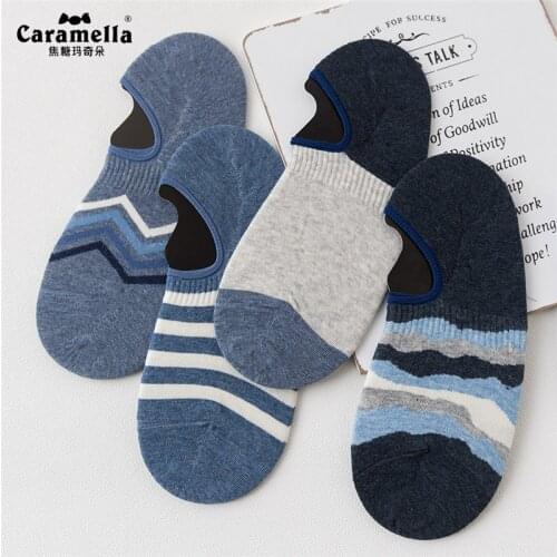4 Pairs Caramella Mens Invisible Socks High Quality Cotton No Show Socks Denim Blue Stripes Pattern Mens Socks
