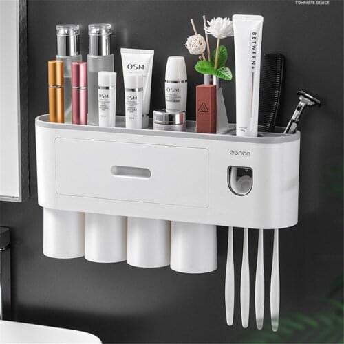 Toothbrush Holder Organizer Set With Magnetic Cups Automatic Toothpaste Dispenser Holder Wall Mount Storage Bathroom Accessories
