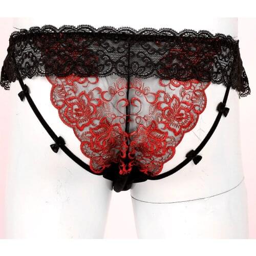 Breathable Men Floral Embroidery Lace Ruffles Briefs See-through Low Waist Sissy Underpants Bowknot Underwear Valentines Day New
