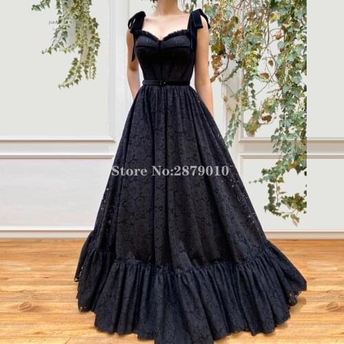Elegant Black A-Line Evening Dress Floor-Length Turkish Lace Velour Sash Prom Dress Robe De Soiree Aibye Formal 2020 Dubai