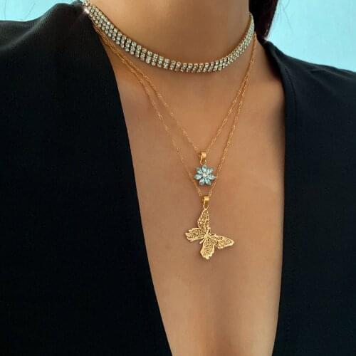 European and American jewelry with geometric zircon flower necklace punk rhinestone multi-layer butterfly pendant necklace