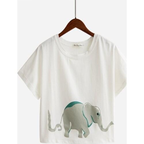 Elephant Print Sleep Top Cute T shirt Women Summer Loose Short Sleeve T shirt For Big Women Cotton T6715