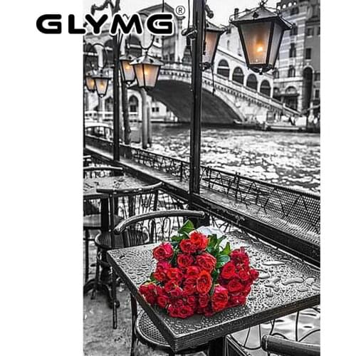 GLymg Diy Diamond Painting Cross Stitch Diamond Embroidery Riverside Scenery Rose Full Square Drill Restaurant Decorated Mosaic