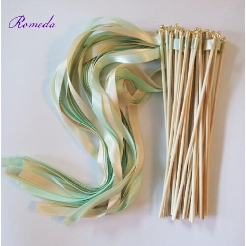 Hot Selling 50pcs/lot Light Green and Cream ribbon wedding stick with gold bell for wedding party