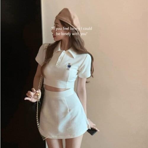 Sports White Suit Women Summer Fashion Short Sleeve Cover Hip Skirt Casual Two-Piece Set Lady Girl Slim-Fit Fairy Skirt Sweet