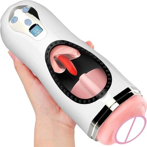 Tongue Licking Massager Heated Vagina Real Pussy Glans Sucking Sex Toys For Men Male Masturbation Cup Vibrator Airplane Cups