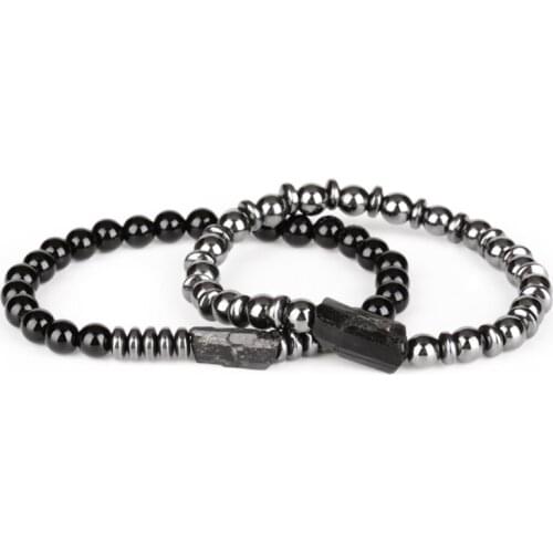 Charm Natural Rough Black Tourmaline Healing Calm Mineral Stone Bead 6mm Glossy Onyx Hematite Energy Bracelets For Man Women