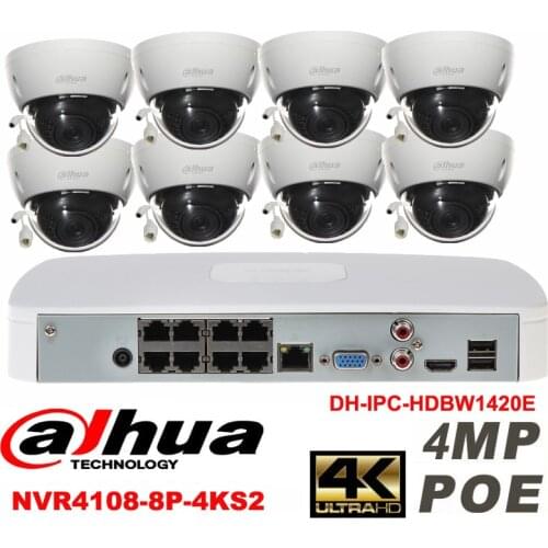 Dahua original 8CH 4MP H2.64 DH-IPC-HDBW1420E 8pcs Dome IP CCTV security camera POE DAHUA DHI-NVR4108-8P-4KS2 Network camera kit