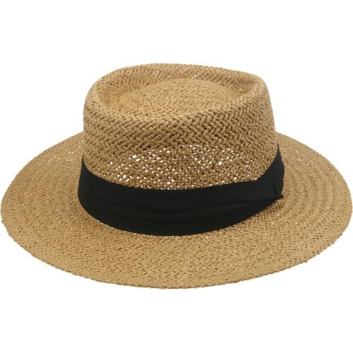 Straw hats women beach summer outdoor solid weaven band belt fascinator women hats spring flat top casual sun hats for women men