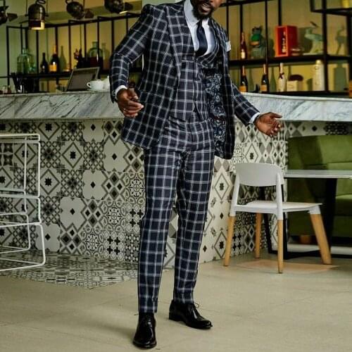 Jacket+Pants+Vest) Gentleman Plaid Black 3 Piece Groom Tuexdos For Wedding Formal Prom Suit Party Evening Blazer Custom Made