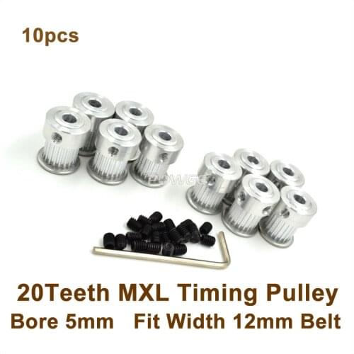 POWGE 10pcs 20 Teeth MXL Timing Pulley Bore 5mm For Width 12mm MXL Timing Belt 3D Printer,Ultimaker(20T 20Teeth MXL Pulley)