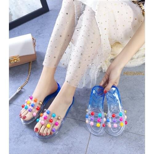 Summer New Womens Slippers Colorful String Beads Ladies Shoes Transparent Peep Toe Flat Slides Beach Casual Womens Slippers