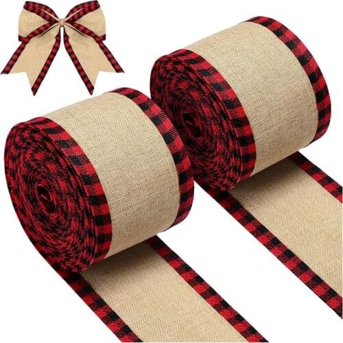Buffalo Plaid Wired Edge Ribbons Christmas Burlap Fabric Craft Ribbon Wrapping Ribbon Rolls with Checkered Edge