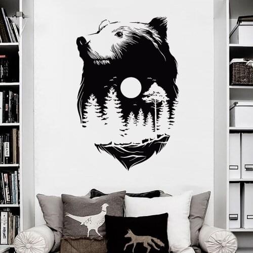 Forest Animals Wall Decal Bear Full Moon Nature Forest Midnight Vinyl Wall Sticker for Home Living Room Bedroom Decor X932