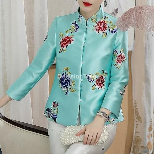 2021 chinese style floral embroidery full sleeve qipao shirt satin tee tops cheongsam shirt casual women mandarin collar blouse