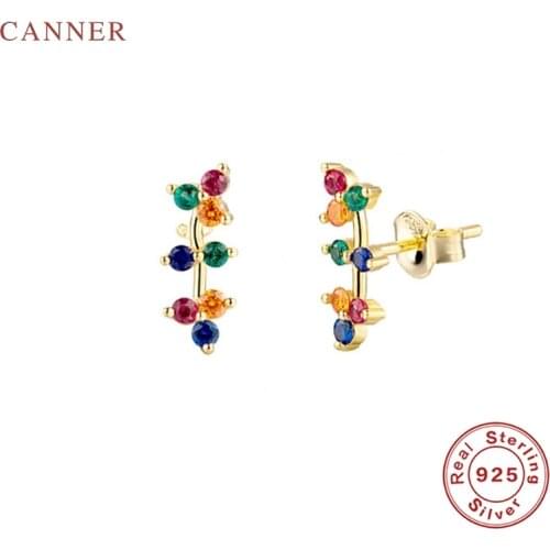 CANNER Real 925 Sterling Silver Earrings For Women European And American Wild Fashion Colored Diamonds Zircon Stud Earrings