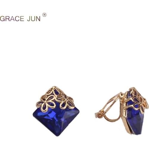 GRACE JUN Full Rhinestone Crystal Square Shape Clip on Earrings Non Piercing for Women Wedding Luxury No Hole Earrings 2018 New