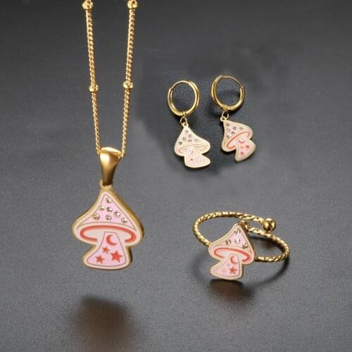 Stainless Steel Fashion Pink Mushroom Pendant Necklace Hoop Earrings Adjustable Ring For Women Summer Jewelry Set