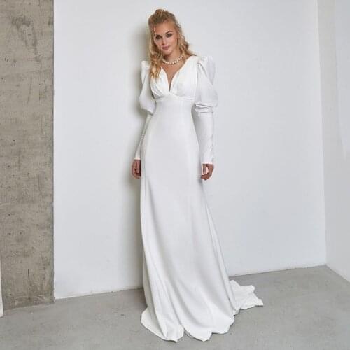 UZN High Waist A Line Satin Wedding Dress V Neck Long Puff Sleeves Bridal Gown Empire Satin Brides Dress Vestido De Novia