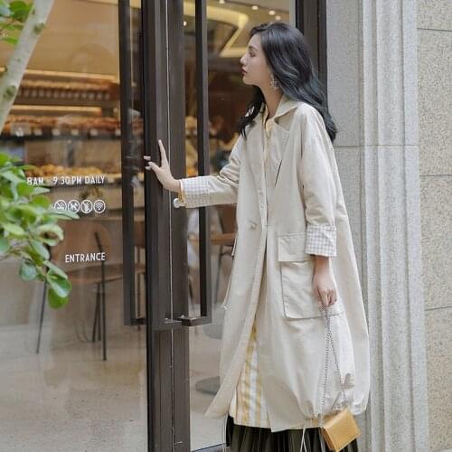 Womens Autumn Coat Solid Womens Trench Coat Casual Loose Womens Long Trench Coat Button Draw String Womens Windbreaker 2021
