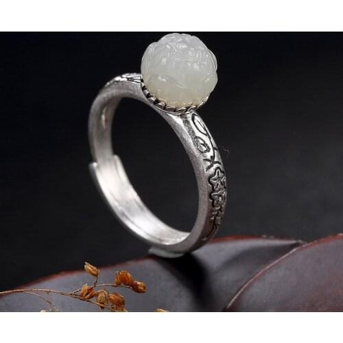 2018 New Arrival Women Anel Feminino New Arrival S925 Pure Antique Mosaic And Tian Yu Lotus Lady High-end Open Ring Wholesale