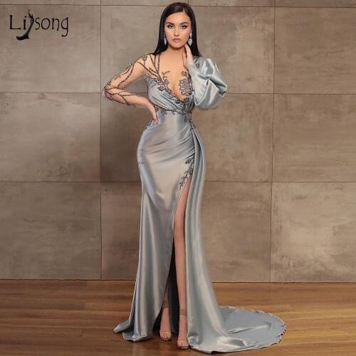 Vestidos Formales 2020 Sexy See Thru Side Split Mermaid Evening Dresses Delicate Floral Leaf Beads Long Prom Gowns Full Sleeves