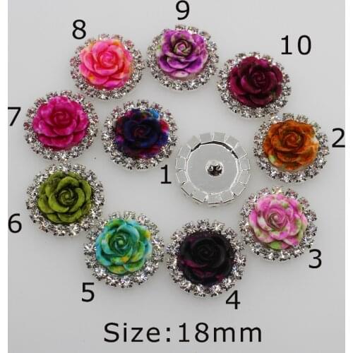 2018 New 10pc 18MM round Multi color Roses Resin Rhinestone button shank clothing buttons silver base craft supplies decorate