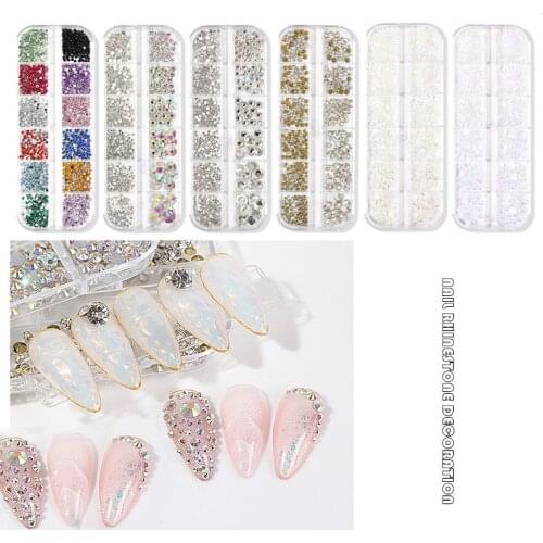 12 Grids Nail Art Rhinestone 3D Mixed Flat Bottom Beads AB Gold Clear Silver Diamond Nail Stones Candy Glitter Manicure Decorate