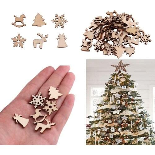 50Pcs Rocking Horse Natural Wood Chip Reindeer Snowflake Xmas Tree Hanging Decor Wood Slices Circles DIY Crafts