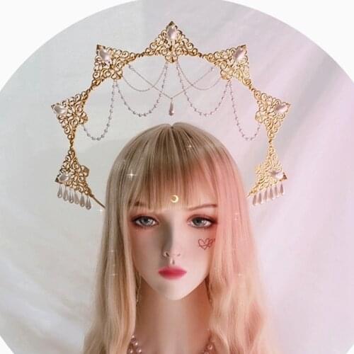 Halo Crown Lolita Sun Goddess Virgin Mary Baroque Bead Chain KC Golden Halo Headwear Bridal Wedding Hair Accessories Gift