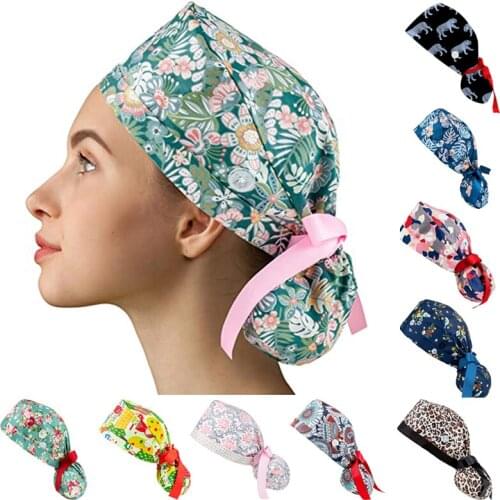 Surgical Caps Woman Print Cotton Nurse Cap Workwear Unisex Dust-proof Adjustable Breathable Elastic Ponytail Holder Tie Back Hat