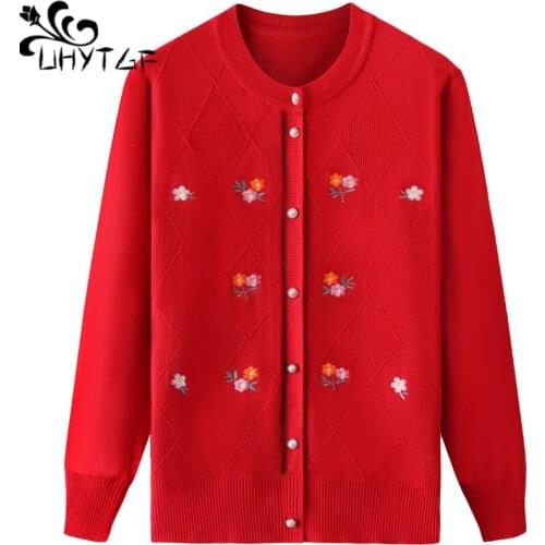 UHYTGF Cardigan For Women Fashion Embroidered Knitted Spring Sweater Jacket Single-Breasted Casual Thin Tops Plus Size Coat 1752