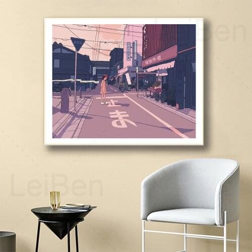Japanese Style Cute Girl Street Landscape Canvas Painting Cartoon Comic Print Picture Home Decoration Children Room Art Poster