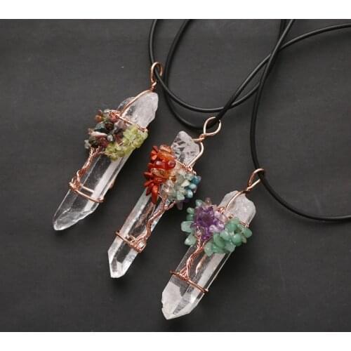 WEIYU Natural Irregula White Crystal Stone Pendant Necklace Reiki Chakra Tree of Life Handmade Wire Wrapped Pendant Necklace