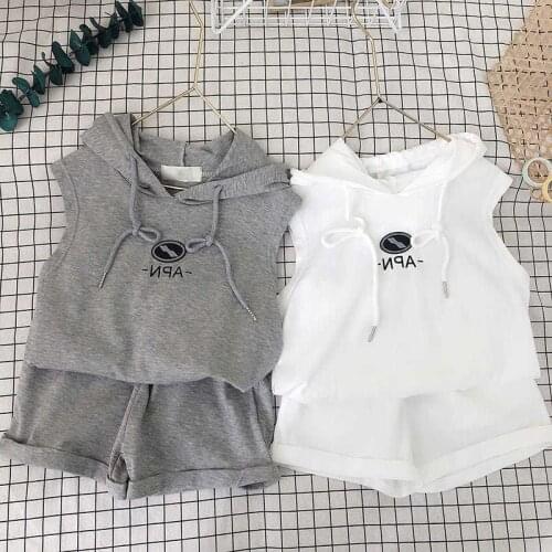 Childrens and Boys' Summer 2021 Set Korean Version 95 Cotton Sleeveless Hooded Shorts Two-piece Girls' Gas Set Tide girls cloth