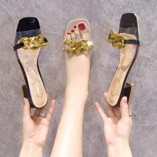 New Summer Slides Women Shoes Woman Slippers Square Mid Heels Metal Chain Ladies Shoes Fashion Clear Transparent Mules Plus Size