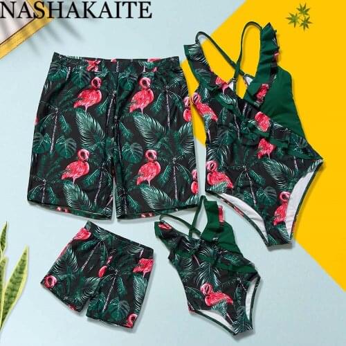 NASHAKAITE Family Swimsuits Summer Flamingo Leave Print Matching Swimwear Mommy and me swimsuit Family matching clothes